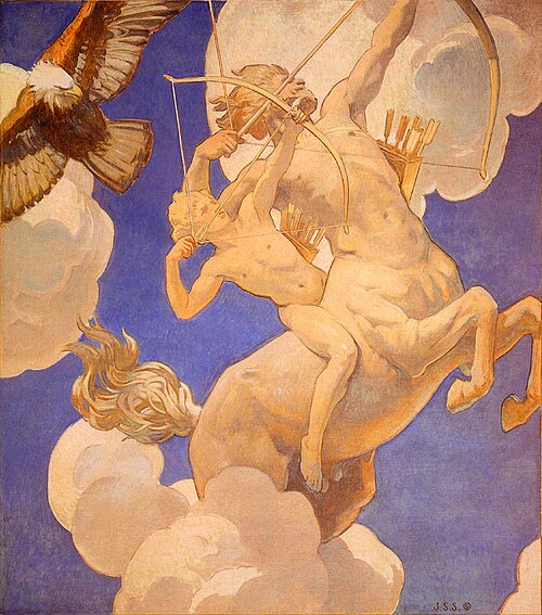 Chiron the centaur instructing the young Achilles, watercolor by John Singer Sargent, circa 1922 to 1925