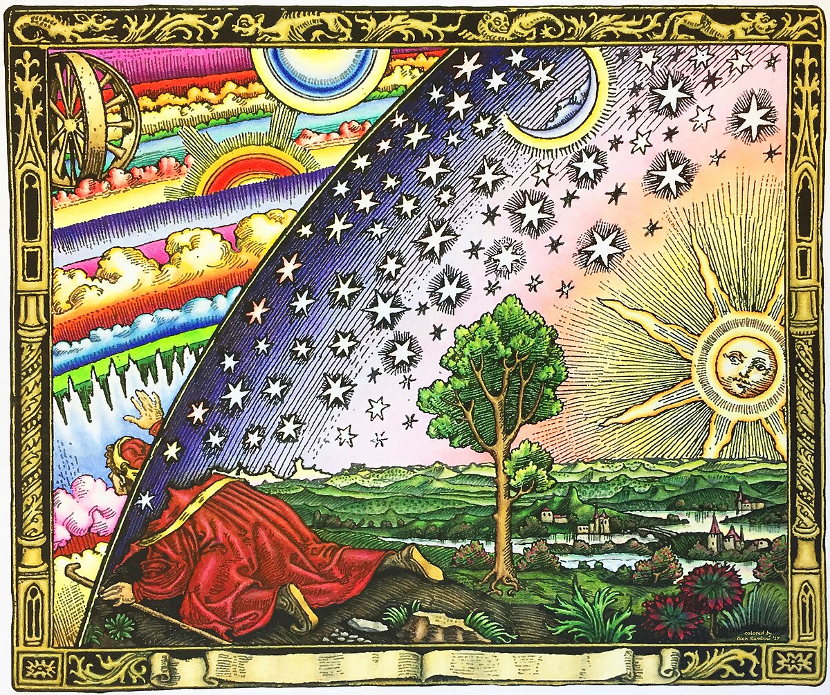 The Flammarion engraving — a pilgrim peering through the firmament at the celestial mechanics beyond, anonymous, from Camille Flammarion's L'atmosphère, 1888 (colored)