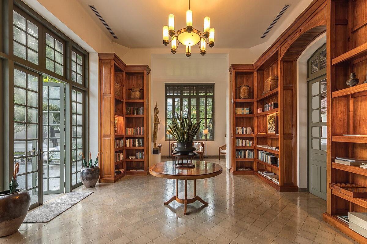 Interior of a quiet, book-lined library at the Amantaka resort in Luang Prabang, Laos