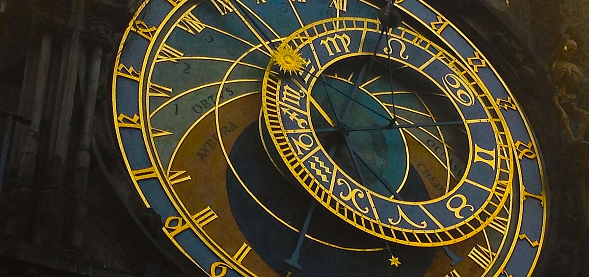 Closeup of the dial of the Prague Astronomical Clock, showing the zodiac ring and clock hands