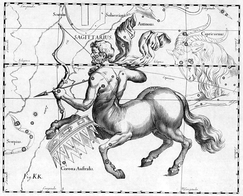 The constellation Sagittarius, celestial map by Johannes Hevelius from Prodromus astronomiae, 1690
